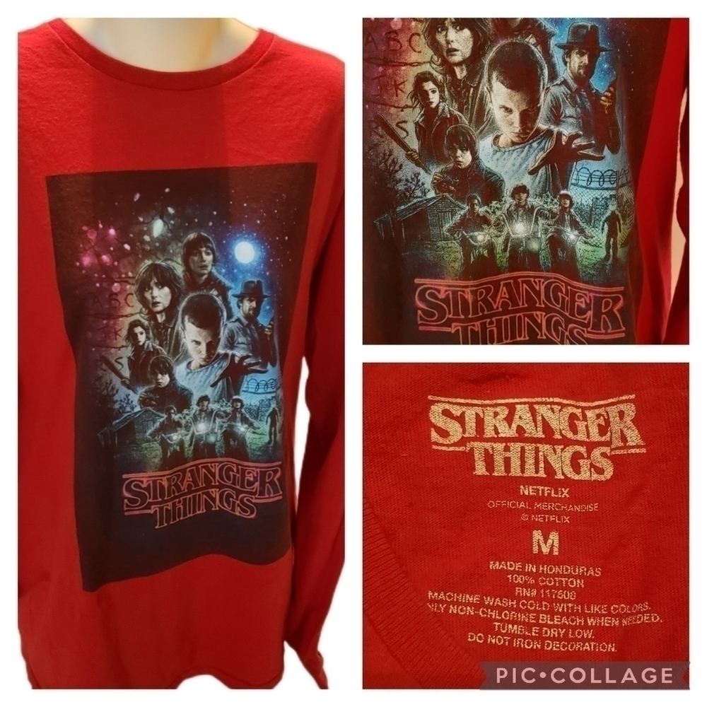 Stranger Things Tee T-Shirt M Medium Red 100% Cotton Long Sleeve